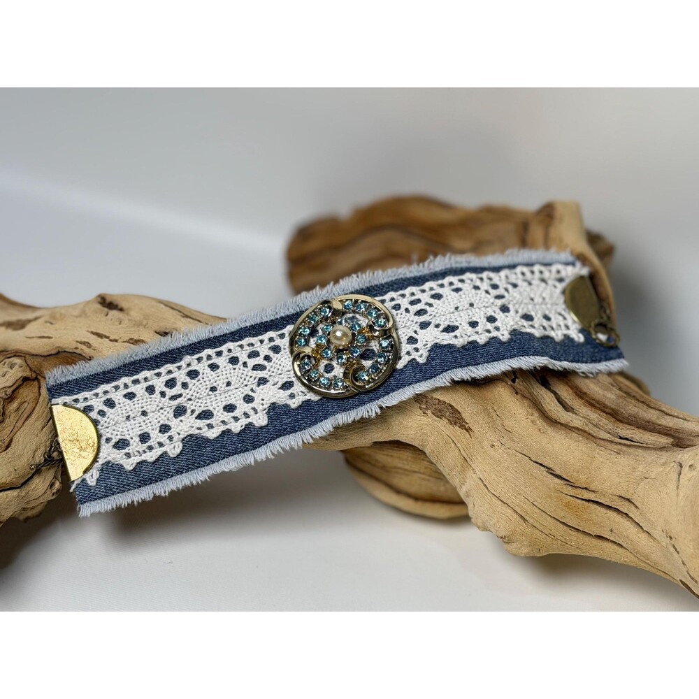 Upcycled Denim Cuff Bracelet Blue LaceVintage brooch Boho Cottagecore Jewelry
